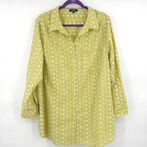 Velvet Heart Wms Button Down Shirt 2X Chartreuse Floral Embroidery Cotton Spring